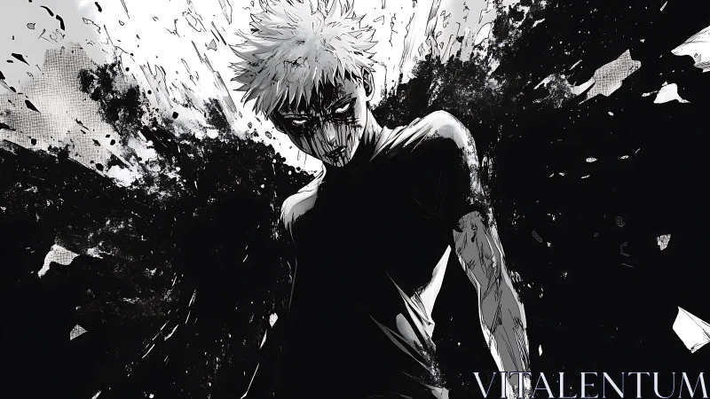 Shadow-charged hero standing in a storm of ink and light.