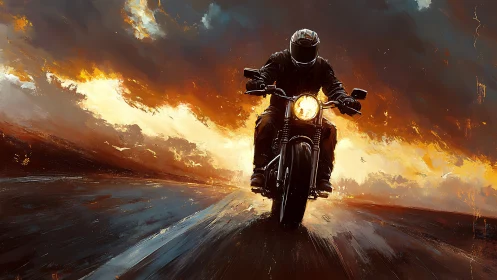 Motorcyclist rides toward viewer along wet road at sunset