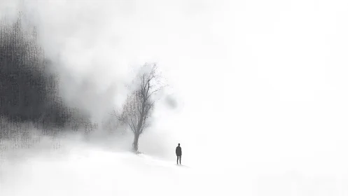 Quiet winter wanderer beside a lone tree in soft fog.
