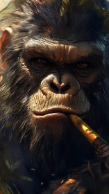 Stoic jungle warlord ape with ember-lit golden cigar.