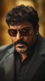 Middle-aged man in dark suit and sunglasses portrait.