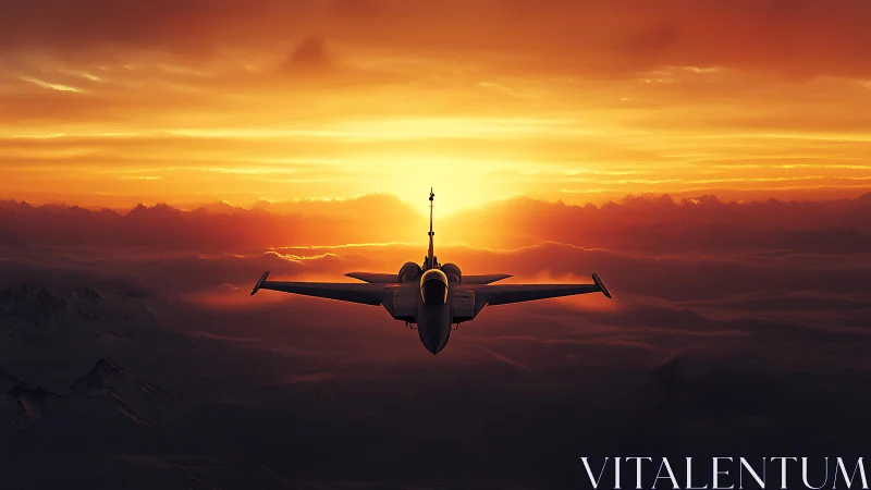 Jet silhouette slips into molten clouds and hunts the sun