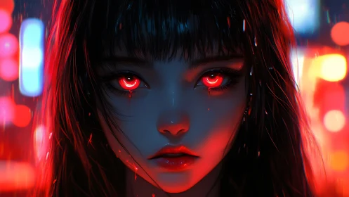 Neon eyed girl gazes boldly through the rain soaked night