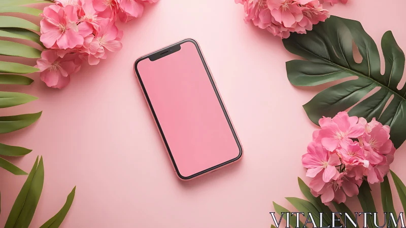 Smartphone Display Mockup With Botanical Flatlay Composition.