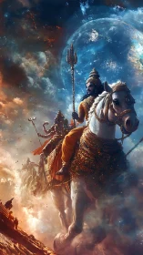 Celestial warrior rides through swirling cosmic storm.