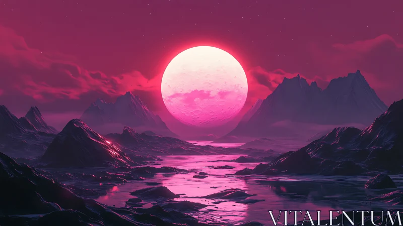 Glowing lunar horizon over a dreamy magenta alien sea.