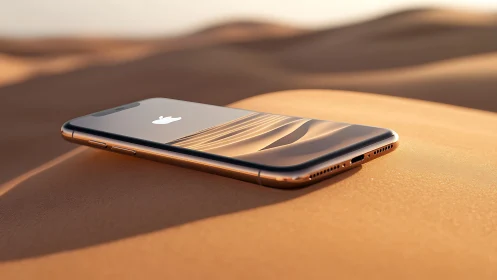 Photorealistic smartphone product visual on desert sandplane.