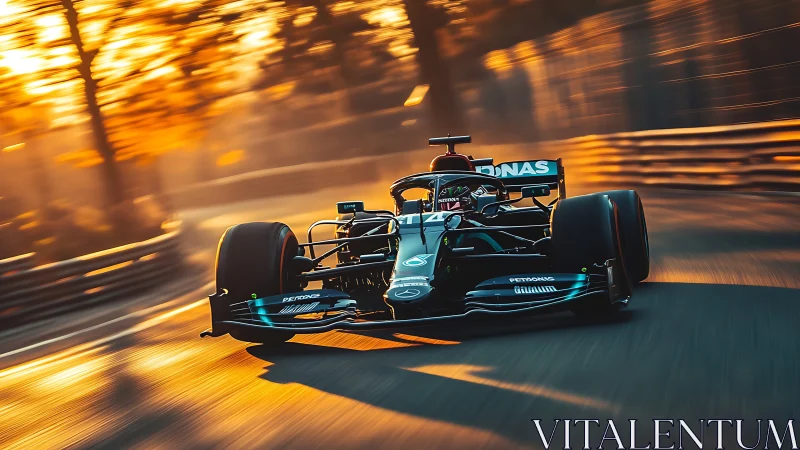 Formula racing car cuts glowing sunset circuit at speed.