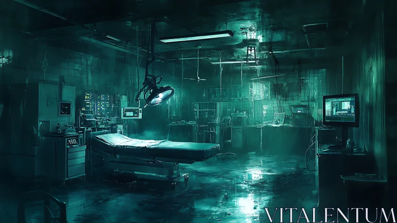 Moody abandoned surgery room glowing with eerie teal light.