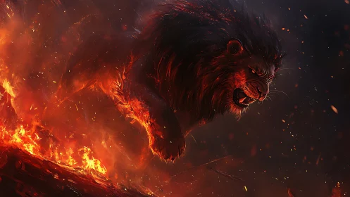 Fiery black lion charging through burning inferno scene