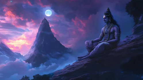 Moonlit meditative deity rendered against volumetric cloud mountain