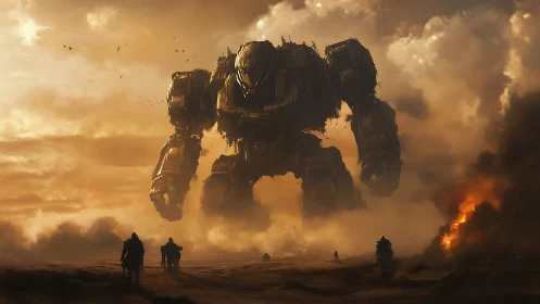 Colossal combat mech advancing through smoke filled desert warzone