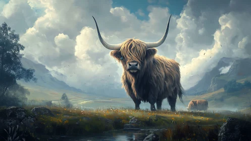Long‑horned highland cattle stand in a misty valley meadow