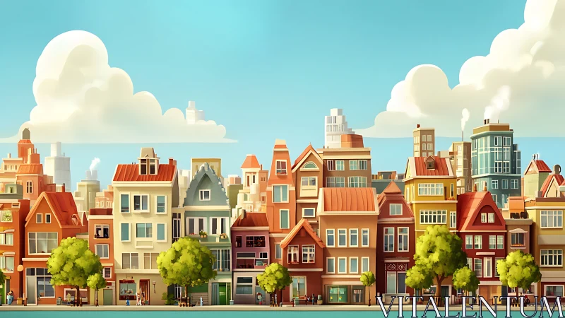 Sunlit stylized city block with colorful townhouses and trees.