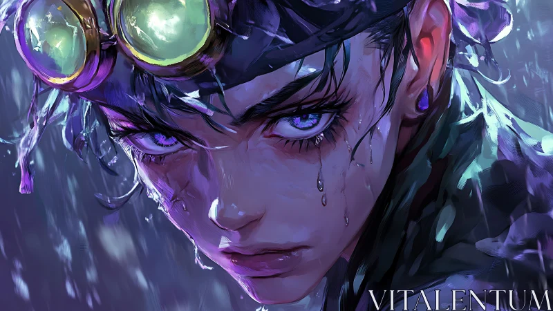 Stormlit gaze of violet‑eyed rebel with wet goggles.