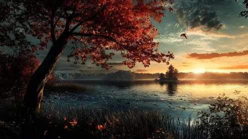 Autumn lake glows at sunset beneath fiery red foliage canopy