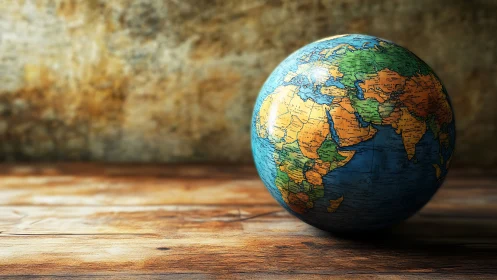 Worn wooden table cradles a sunlit globe of wanderlust.