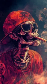 Smoking skeleton in red cap and sunglasses portrait.