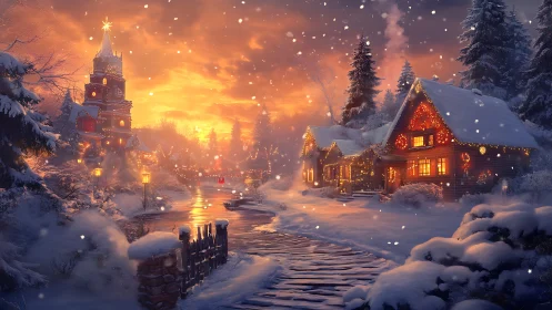 Snow-covered village street with lit houses at sunset.