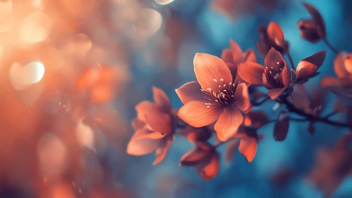Red flowers photographed with selective focus against blue background.