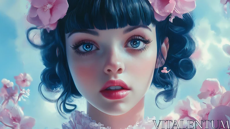 Hyperreal digital portrait of girl with cherry blossoms and blue bokeh