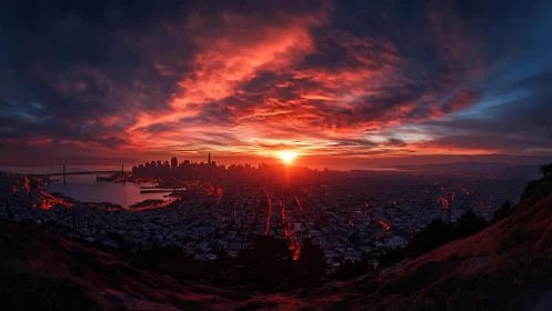 Sunrise ignites a coastal skyline in molten ember light.