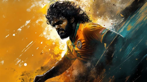 Dynamic footballer portrait in explosive orange brushwork.