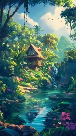 Riverside jungle cottage hums quietly beneath painted skies