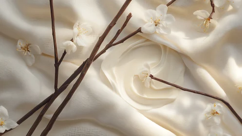 Cream Silk Textile With White Blossom Branches and Burgundy Stems