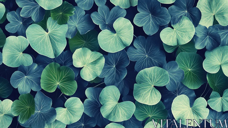 Botanical pattern of overlapping teal lotus leaves in plan view