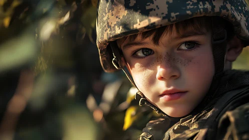 Photorealistic portrait of young soldier in soft golden bokeh.