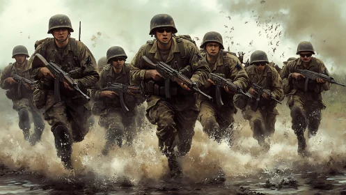 Photorealistic infantry assault in dynamic frontal formation.