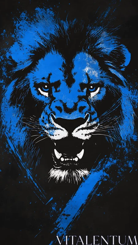 Blue splatter lion illustration with fierce roaring face.