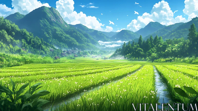 Sunlit rice terraces embracing peaceful mountain valleys.