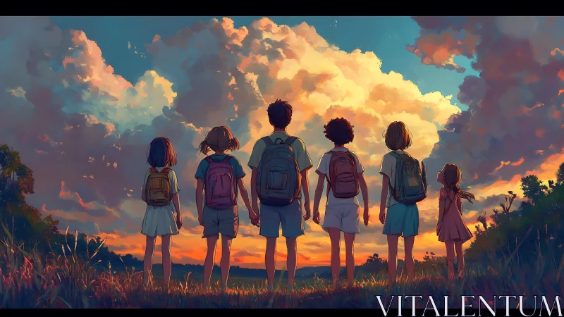 Group of Students Standing Together Facing Dramatic Sunset