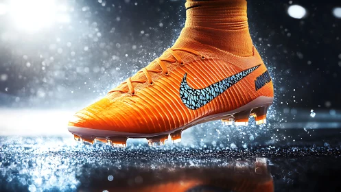 High-impact orange football boot with dynamic splash lighting.