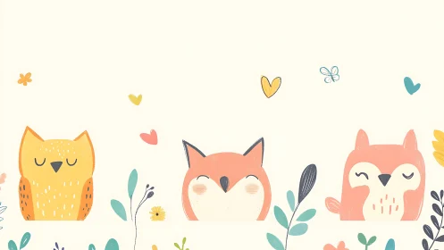 Cute woodland animals share a pastel, whimsical garden scene.