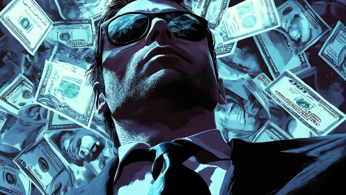 Confident businessman framed by swirling dollar banknotes