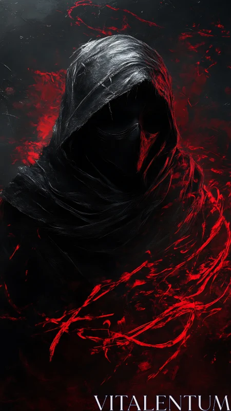 Hooded reaper silhouette wrapped in crimson ethereal flames.