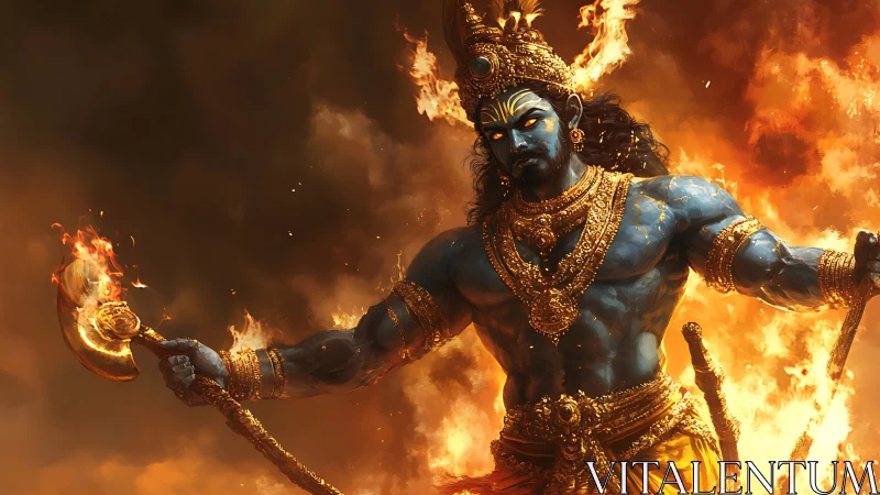 Blue-skinned mythic warrior with flaming axe in inferno