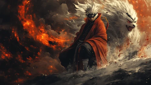 Fire vortex warrior with white spectral wolf in dynamic storm field