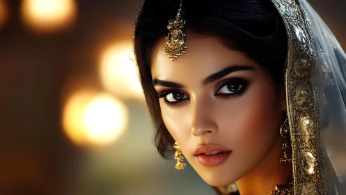 Bridal portrait captures jeweled gaze under golden bokeh light
