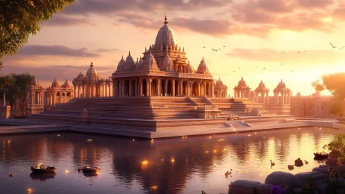 Sunlit marble temple complex reflected in tranquil sacred lake