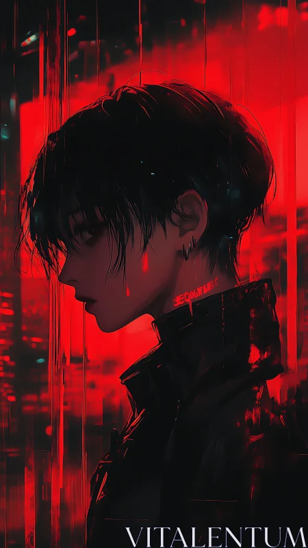 Profile view of short haired figure in red digital glow.