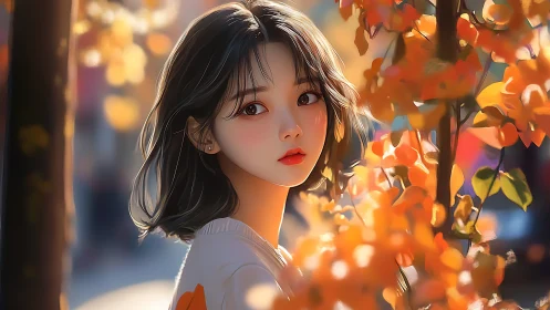 Digital painting portrait with autumn bokeh composition.