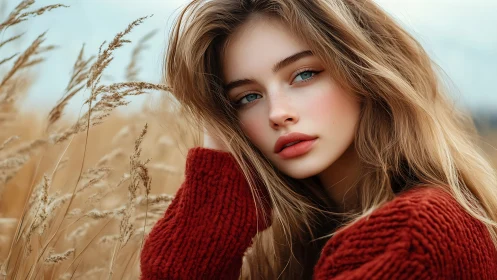 Portrait of young woman in rust sweater amid golden field.