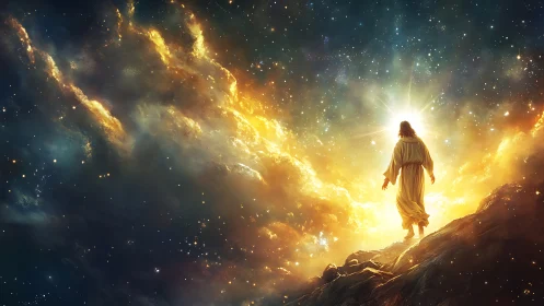 Radiant robed figure walks into cosmic golden lighted sky.
