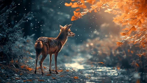 Fox stands in glowing autumn forest beside reflective stream