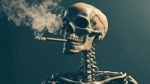 Grinning skeleton contemplates its last drag in smoky stillness