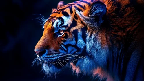 Neon-lit tiger portrait in intense blue and orange glow.